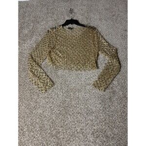 Julia by Love J Gold Mesh Sequin Studded Long Sleeve Crop Top Womens Medium